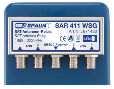 Spaun SAR 411 WSG - DiSEqC switch. Downlead SAT signal from 4 LNB's in one downlead cable. Top quality switch.